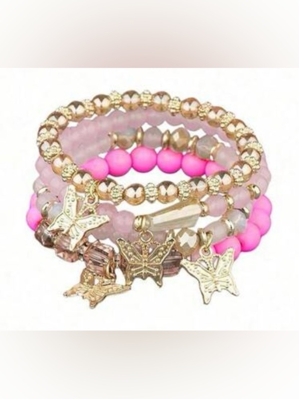 Gold & Pink Butterfly Charm Beaded Bracelet Stack